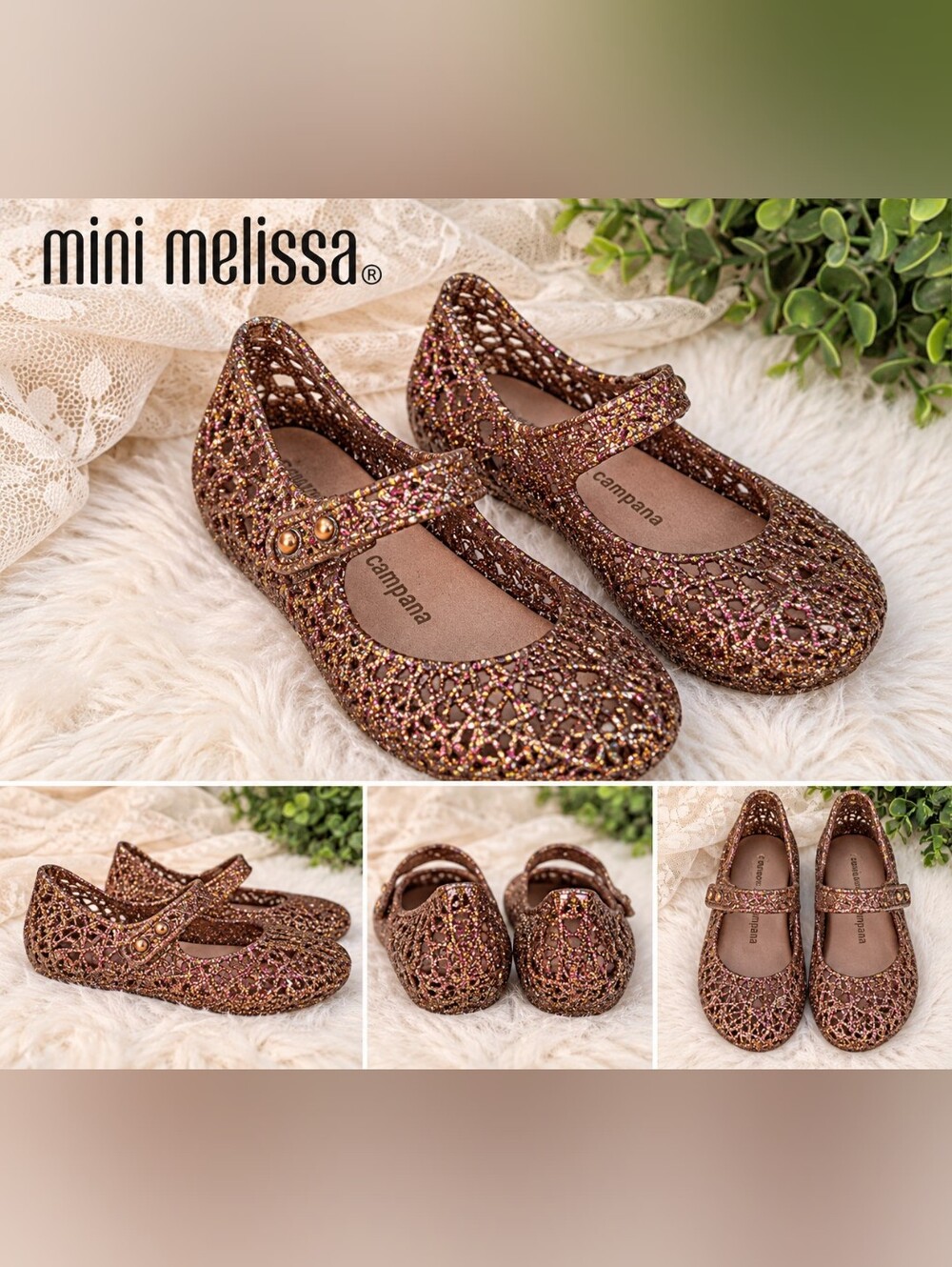 Mini Melissa Girls' Rose Gold Glitter Mary Jane Flats